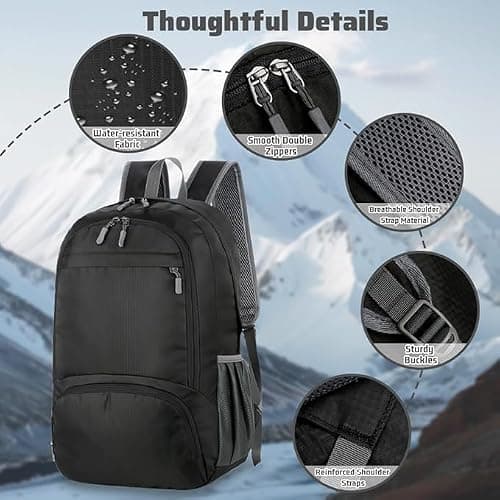 flintronic Lightweight Foldable Backpack, 30L Small Hiking Rucksack, Unisex Water Resistant Walking Backpack for Outdoor Sports, Hiking, Travelling, Walking, Camping (Black) — view 3