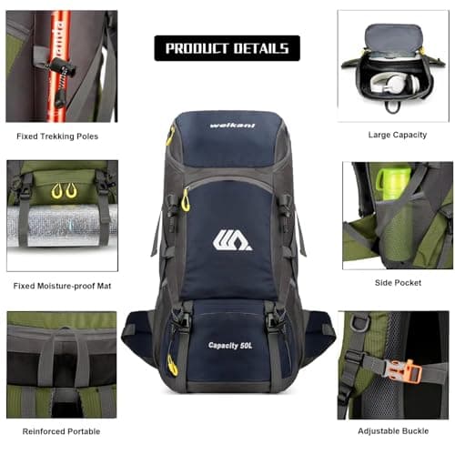 Ezmina 50L Hiking Backpack Waterproof Camping Backpack Hiking Daypack Travelling Backpack for Men and Women Large Rucksack for Climbing Travel Touring Skiing Trekking Outdoor Sport — view 5
