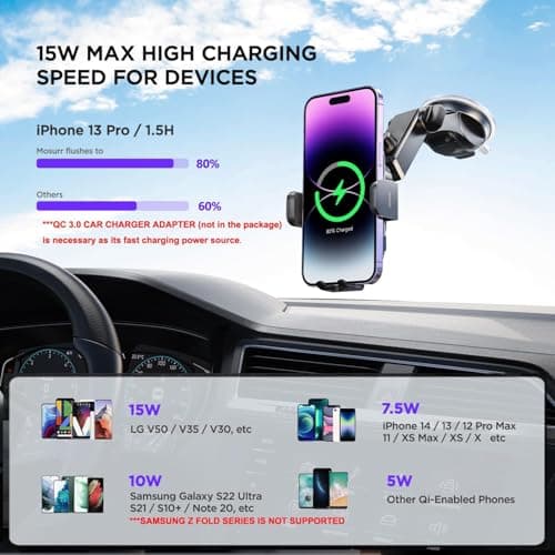 Car Phone Holder Wireless Charger,【7 Colored RGB Backlit】MOSURR 15W Auto Clamping Wireless Car Charger Mount for iPhone 16 15 14 Mini Pro Max, Samsung Galaxy S26 Ultra S25 S24+, etc — view 3
