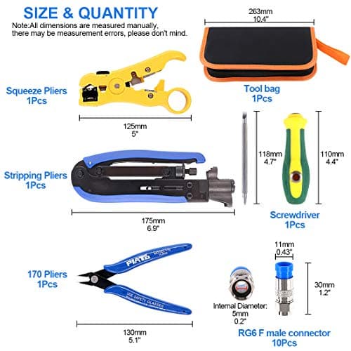 Glarks Adjustable Coaxial Compression Tool - Coax Crimper & Stripper Kit, RG6 RG59 RG11 Cables, 10pcs F Connectors, Leather Bag — view 2