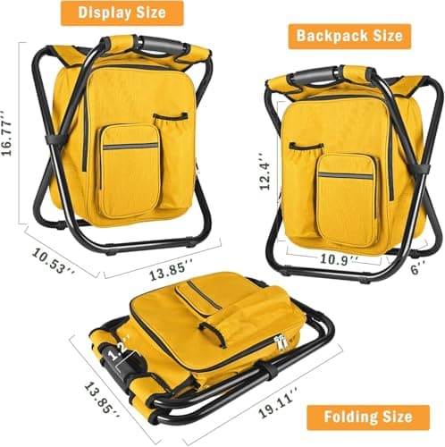 Kikerike Backpack Stool Cooler Chair Heavy Duty 300 LBS Max Load Portable Lightweight Stool Backpack Folding Fishing Cooler Seat for Camping Hunting Fishing - Yellow — view 2