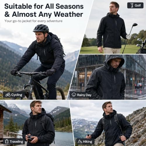 NWDEY Mens Waterproof Jacket with Hood, Lightweight Packaway Rain Coat Breathable Windbreaker, Waterproof Raincoat for Outdoor Hiking Cycling Golf Travel (UK, Alpha, L, Regular, Regular, Black) — view 6