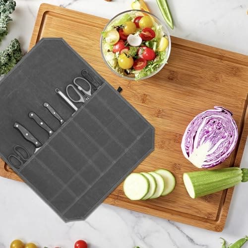 Megcdtr Knife Roll Bag, Knife Roll for Chefs, 7 Slots Waxed Canvas Knife Bags, Portable Tool Storage Bag with Drawstring, Suitable for Home Kitchens Camping Hiking and As a Gift for Chefs (Grey) — view 6