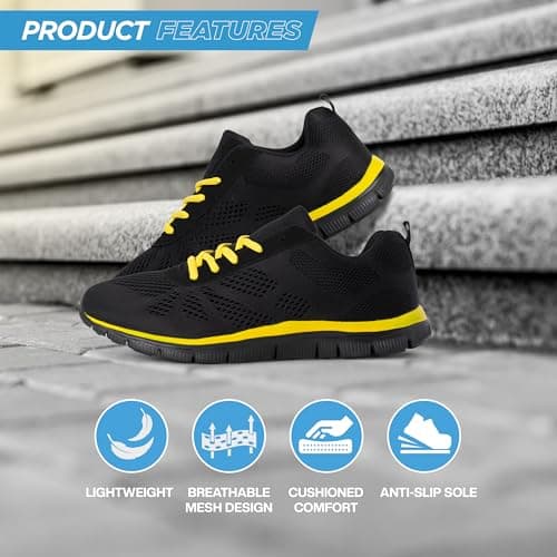 Get Fit Women’s Lightweight Trainers - Breathable Mesh Gym Walking Shoes - Comfortable Lace-Up Fitness Sneakers, Flexible Non-Slip Sole - Black/Yellow - UK5/EU38 — view 3