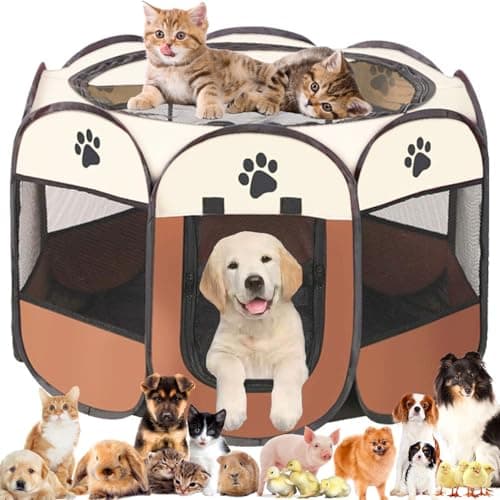 Pet Playpen Portable Dog Pen Foldable Pop Up Cat Play Pen, Oxford Fabric Soft Dog Crate Cage Puppy Pen for Indoors Outdoor Travel, Cat Tent Whelping Box for Kitten Rabbit Hamster Guinea Pig (Brown L)