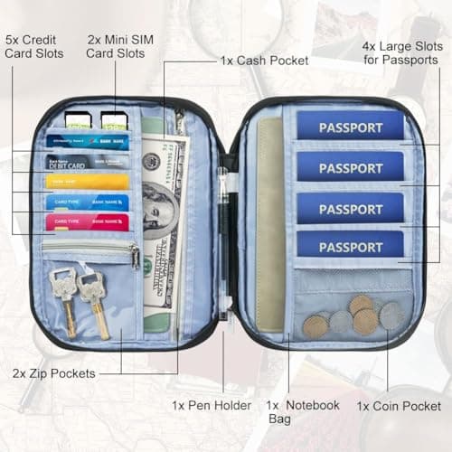 Auccu Passport Holder Travel Wallet, Large Capacity Family Travel Document Holder Organiser Waterproof for Women & Men for Cash, Passport, Boarding Pass, ID Card, Credit, Tickets, Pen, Black L — view 2