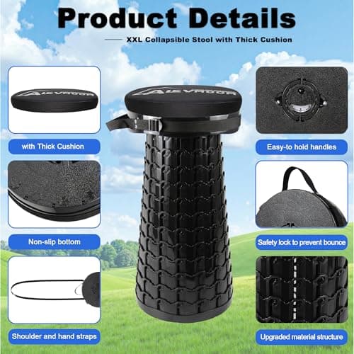 ALEVMOOM 2026 Upgraded XXL Collapsible Stool with Cushion & Bag, Higher 23.2"/59cm Heavy Duty Telescoping Stool Max Load 1000 lbs, Portable Retractable Folding Seat Chair for Camping Travel — view 5