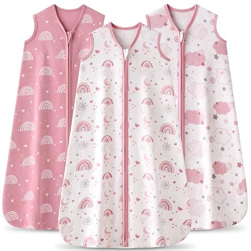 FIEMOL Baby Sleeping Bag 0-6 Months 0.5 Tog Baby Wearable Blankets Cotton, 3 Pack Summer Breathable Sleep Sack for Newborn Infant 58-66cm Pink Rainbow