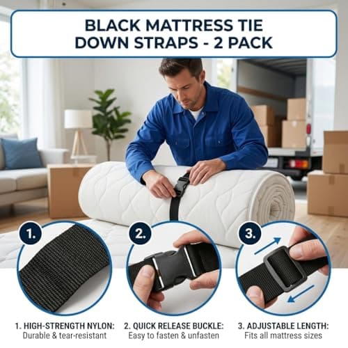 2 Pack Mattress Storage Straps,Black Adjustable 150cm PP Compression Straps with Buckle,Heavy Duty Moving Bags Holder for Memory Foam Bed Topper Roll Packing,Campervan Roof Rack, Under Bed Support — view 3