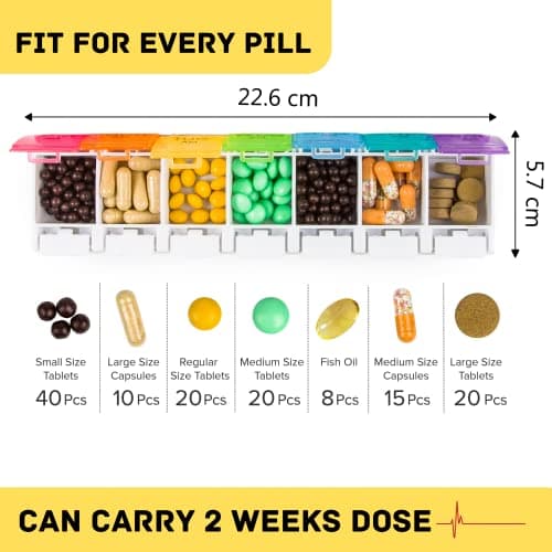 Portable Weekly Pill Box Organiser | Easy to Open 7 Day Premium Quality Tablet Box | Travel Pill Case with Push Button Pop Open Lids |Tablet Organiser for Vitamins, Supplements & Medicine Mark Curve — view 2