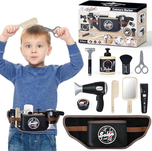 deAO Kids Hairdressing Set for Boys, Pretend Play Hair Styling Toys for Kids with Hair Dryer, Fake Razor, Barber Scissors and Stylist Accessories, Barber Hair Salon Playset for 3+ Years Old Boys Girls