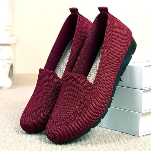 Boat Shoes Women Wide Fit Knitted Mesh Slip-On Flats Solid Color Breathable Low-Cut Casual Loafers with Soft Non-Slip Soles Lightweight Comfortable Walking Shoes for Everyday Wear Office Travel Red — view 3