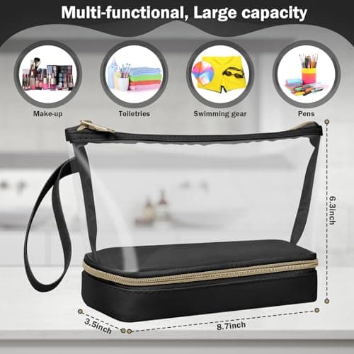 Clear Makeup Bag, Small Makeup Bag with Compartments for Brushes, TSA Approved Waterproof Travel Toiletry Bag, Make Up Bags for Women, Travel Essentials, Black — view 3