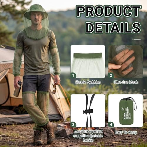 5Pcs Anti-Mosquito Head Net Set, Mosquito Suit Mosquito Protection, Lightweight Mesh Net for Outdoor Camping (Green, One Size) — view 3