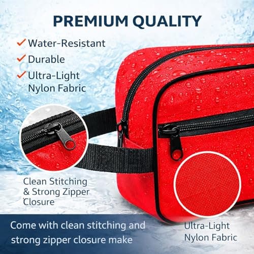 Water-Resistant Toiletry Bag for Men & Women - Lightweight Travel Wash Bag with Multiple Compartments, Compact Dopp Kit Cosmetic Organizer, Durable Nylon Shaving & Makeup Storage Case (Red) — view 3