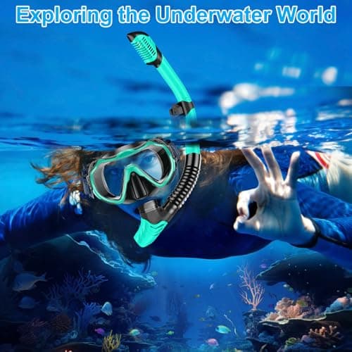 Snorkel Set Adults, Scuba Snorkelling Packages with Anti-Fog Panoramic View Swimming Goggles,Dry Snorkel Set Suitable for Snorkeling Diving Swimming (Green) — view 6