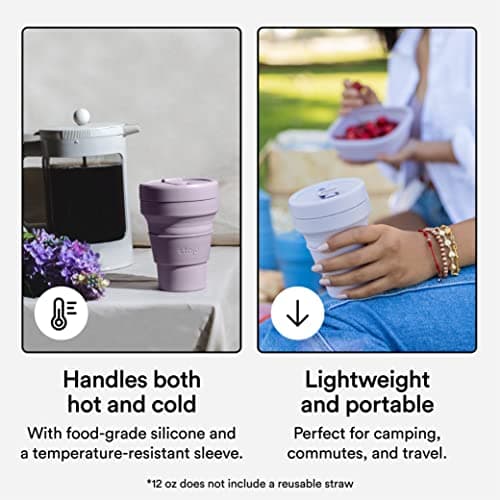 STOJO On-The-Go Collapsible Coffee Cup - 12oz / 355ml - Reusable & Foldable Silicone Travel Mug with Lid - Portable, Pocket Size - Dishwasher Safe - Lilac — view 3