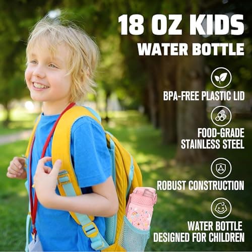 GOPPUS 550ml/18oz Kids Insulated Water Bottle with Straw Cute Double Wall Stainless Steel Child's Small Flask Vacuum Insulated Steel Metal Leak Proof Drink Flask Boys Toddler Girls Bottles BPA-Free — view 6