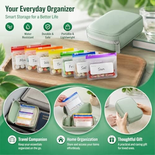 Waterproof Pill Pouch Set, Waterproof Pill Organizer Set with 14 Color-Pill Pouches, Portable Reusable Binder Design Zippered Pill Storage with 14 Color-Pill Pouches for Travel (White) — view 2