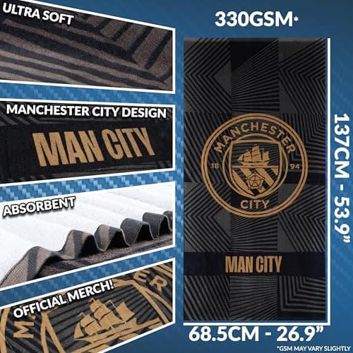MANCHESTER CITY F.C. Bath Towel for Men Women Teens Boys 100% Cotton Quick Dry Football Crest Beach Towel Swim Gym Holiday Shower Supporters' Gear 137 x 69cm (Black, 137x68.5cm) — view 6
