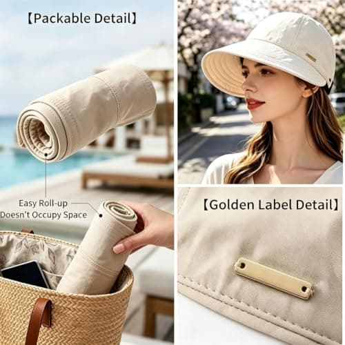 Women's Wide Brim Sun Visor Hat, UPF 50+ UV Protection Cap for Ponytails, Adjustable Packable Breathable Sun Visor Hat for Travel Golf Beach Fishing Daily Wear，Beige — view 5