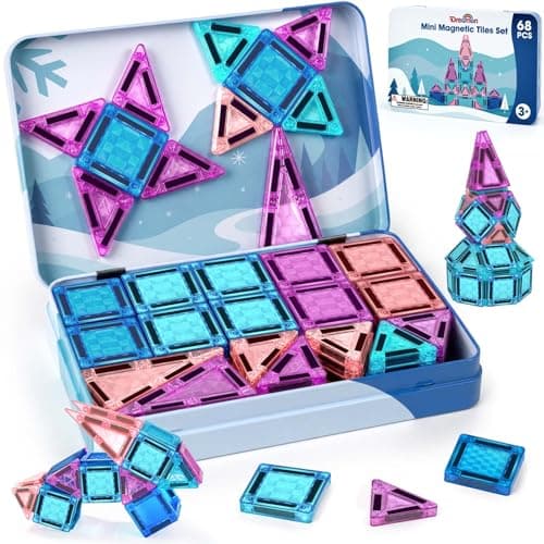 Dreamon 68 PCS Mini Magnetic Tiles Set Travel Magnetic Tiles for Kids with Tin Box Magnetics Blocks Building Toy Christmas Birthday Gift Girls Boys Age 3 4 5 Years