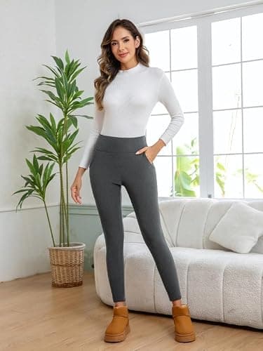CrystErzoix Fleece Lined Leggings Women High Waisted Thermal Leggings Thick Ladies Sports Yoga Leggings Winter Warm with Pockets, Heather Grey S — view 2