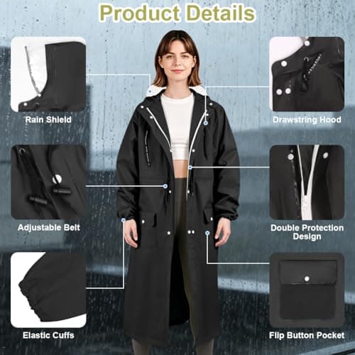 AUYAO Women Long Raincoats Waterproof Rain Coats Lightweight Rain Jackets LadiesQuick Dry Hooded Raincoat with Adjustable Drawstring Reusable Rainsuit Rain Poncho with Carry Bag for Camping Hiking-XL — view 3