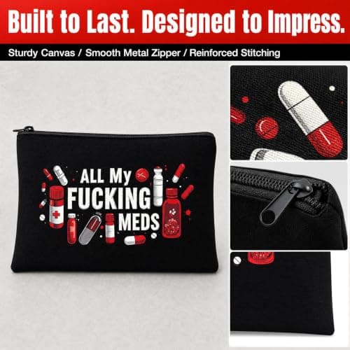 Travel Medicine Bag for Women Men, Waterproof Canvas Cosmetic Pouch, Zipper Pill Organiser Case, Funny Medical Kit Storage for Daily Essentials, Portable Med Organiser with Zipper (Black) — view 2