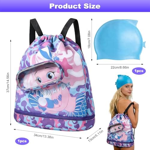 TOUKBEAU Mermaid Drawstring Bag with Swim Cap for Girls, Kids Storage Organizer for Toys & Travel, Multipurpose Beach Pool Bag with UPF50 Swimming Hat for Toddler Age 3-12 Years — view 6