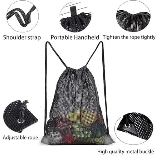 HoAhaMay Large Mesh Beach Bag Mesh Bag Drawstring Gym Bag Mesh Backpack with Drawstring Mesh Ball Bag Gym Backpack for Sports Beach Swimming Travel Camping (Black) — view 3