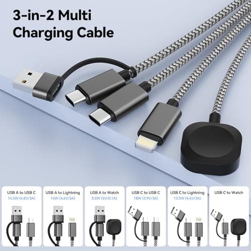 aceyoon 3 in 2 Multi USB C Cable Type C/USB A to Lighting, Type C/USB A to C Multi Charging Cable for Apple Watch Charger and iPhone 23.5 cm, for iWatch 10 9 8, for iPhone 17 16 15 13 12 Pro Max — view 2