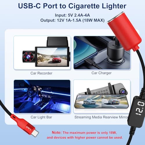J&D USB C to 12V Cigarette Lighter Adapter, USB C DC 12V 18W Car Cigarette Lighter Socket Converter Cable for Dash Cam, GPS, Driving Recorder, Supports Voltage Display, Red, 1.5 Meter — view 3