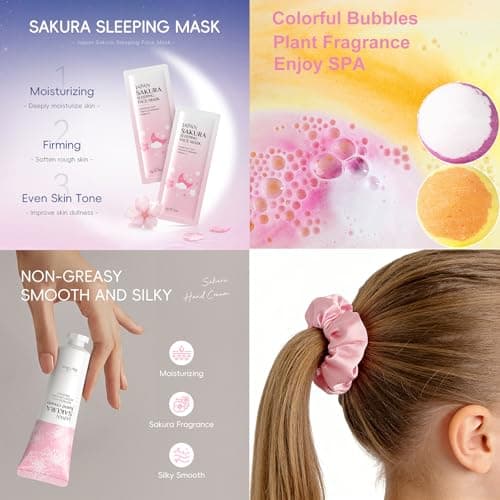 40PCS Sleepover Party Supplies for Girls – Sakura & Milk Pamper Skincare Gift for Spa Days & Birthday - Travel Kits Gift Packs with Face Masks, Lip & Eye Masks, Hand Cream, Bath bombs - Pamper Gift — view 3