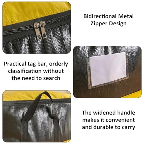 Moving Bags with Label Pockets, Heavy Duty 18-Gallon Storage Bags for Clothes, Waterproof Foldable Packing Organizer for College Students, Holds 15-20 Sweaters (Yellow and black, 50 * 50 * 72cm) — view 3