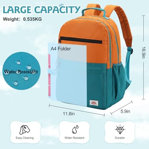 VASCHY School Bag, Lightweight Classic Backpack Cute Aesthetic Bookbag Daypack for Teen Boys Girls Traveling/Gym/Middle School Orange Green — view 2