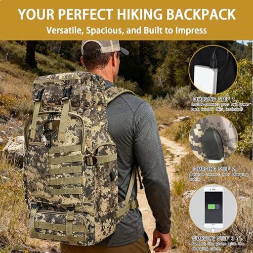 Vaupan Hiking Backpack, 80L Camping Military Tactical Backpack with USB Charging Port, Waterproof Large Travel Daypack Outdoor MOLLE Rucksack for Men Women (City Camo-Biner) — view 2