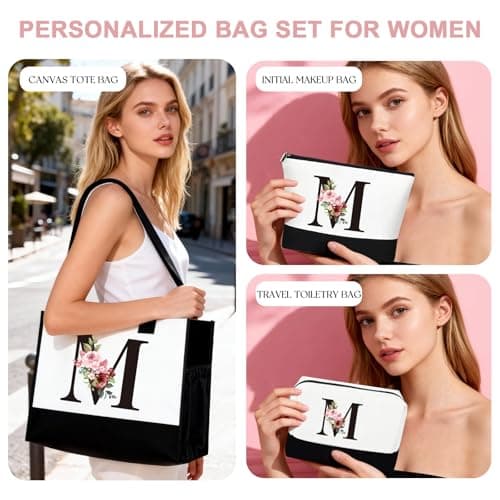 Gifts for Women, 3 PCS Tote Bag,Personalized Initial Makeup Bag, Personalized Gifts for Women, Canvas Tote Bag for Beach,Wedding,Birthday Gifts for Women, Mom, Teachers, Friends, Bridesmaids — view 5