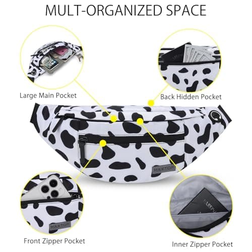 MAXTOP Large Bumbag Waist Fanny Pack Running Belt for Men Women Unisex Bum Bag with Headphone Jack and 4-Zipper Pockets Adjustable Belt for Travel Running Jogging Workout Hiking Gifts Cow Print White — view 3