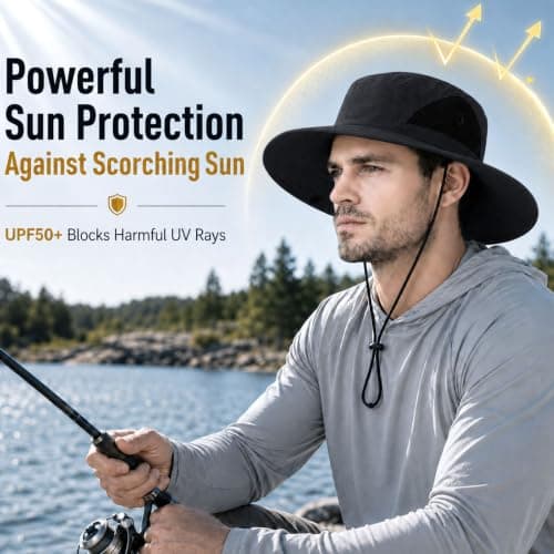 newhsy Wide Brim Sun Hat Mens UPF50 Breathable Mesh Foldable Bucket Safari Hat for Fishing Hiking Travel (Black) — view 2
