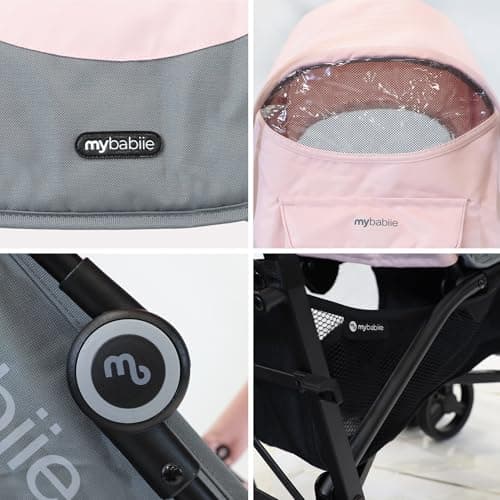 My Babiie MB02 Plus Stroller - from Birth to 4 Years (22kg), Lightweight & Compact Umbrella Fold, Travel Buggy for Toddlers, Pushchair Includes Cup Holder and Rain Cover - Pink & Grey — view 6