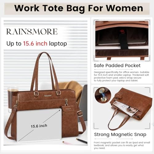 RAINSMORE Laptop Bag for Women 15.6 Inch Work Tote Bags Waterproof PU Leather Handbag Shoulder Bags Business Office School Briefcase Vintag Brown — view 3