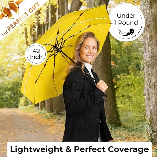 TUMELLA Strongest Windproof Travel Umbrella (Compact, Superior & Beautiful), Small Strong but Light Portable and Automatic Folding Rain Umbrella, Durable Premium Grip, Fits Car & Backpack Yellow — view 5