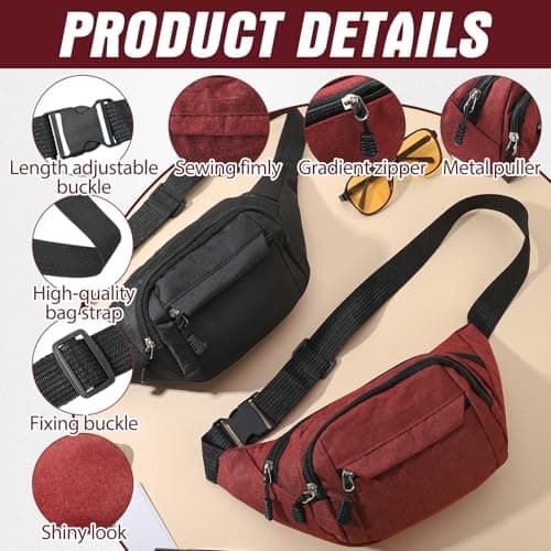 Meng Jiaran 2 Pack Bum Bag Bumbag for Men Women,Waterproof Waist Fanny Pack for Ladies, 4 Zip Pockets Adjustable Belt Cross Body Bumbags for Sport Running Walking Travel Cycling, Black, Red — view 2