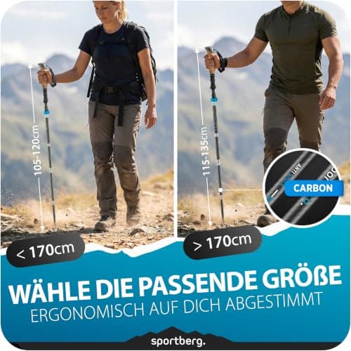 Folding Hiking Poles Carbon/Aluminium - Lightweight Nordic Walking Poles Women/Men up to 1.70 m Height - Height Adjustable with Cork Handle for Maximum Grip When Hiking & Outdoor Adventures — view 2
