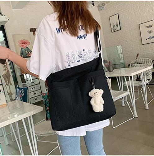 Laneko Cotton Tote Handbag Women Canvas Crossbody Beach Bag Hobo Crossbody Shoulder Bags Shopping Tote Bag with 3 External Pocket,Zipper Closure — view 6