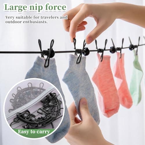 BODFPPC Travel Washing Line with 12 Clips, Portable Windproof Retractable Clothes Line Stretchy Elastic for Indoor Laundry Drying Clothesline,Outdoor Camping Accessories (Black) — view 4
