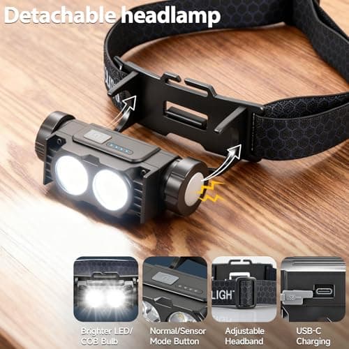 Bud K 6pack Headlamp Rechargeable, 5000L Super Bright Light LED Rechargeable Headlight, 3 Modes, Detachable Flashlight & Waterproof Head Lamp for Adult, Running, Outdoor, Emergency, Hard Hat Light — view 3