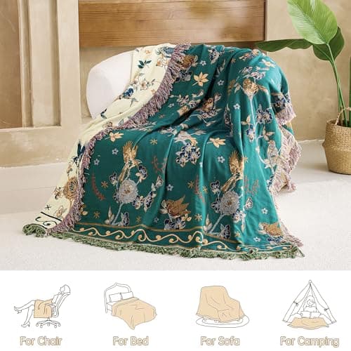 VANJOROY 100% Organic Cotton Fall Boho Throw Blanket for Sofa and Bed,Green — view 3