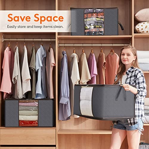 Lifewit 95L Clothes Storage Bags, Foldable Storage Box Moving Bags Wardrobe Storage Organiser Packing Boxes for Moving House with Clear Window for Clothing Bedding Blankets, Grey, 4 Pack — view 6